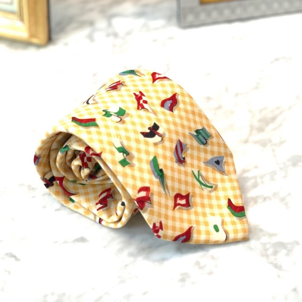 Lands End Long Silk Yellow White Checker Neck Tie